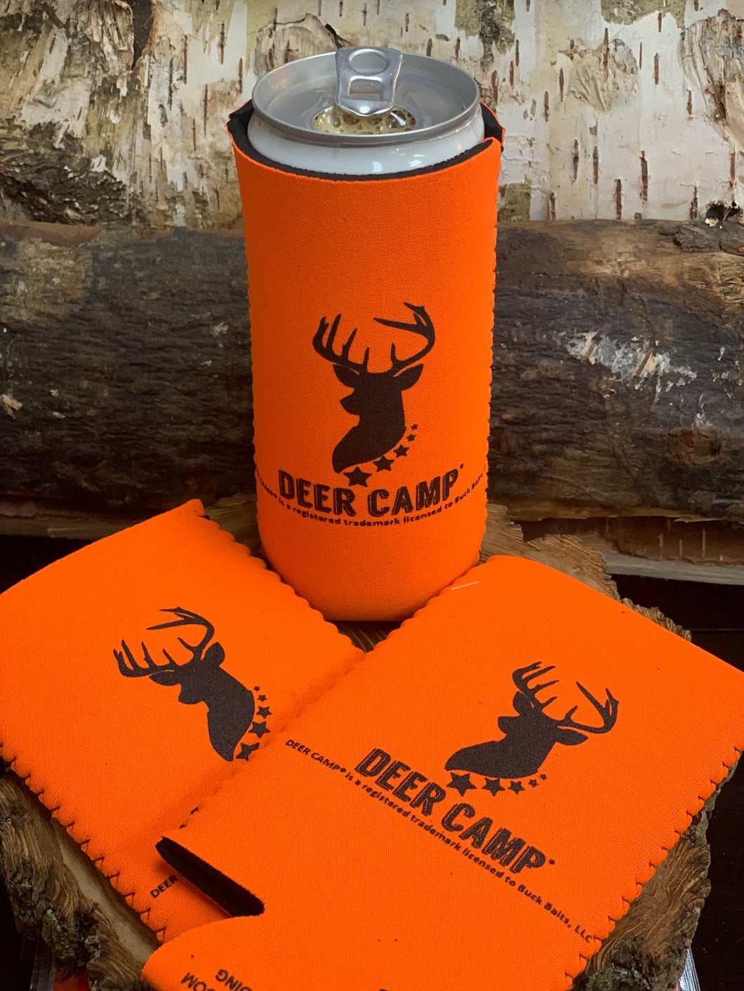 DEER CAMP® Buck Pole™ Slim Insulated Beverage Can Holder Blaze Orange With Black Lettering